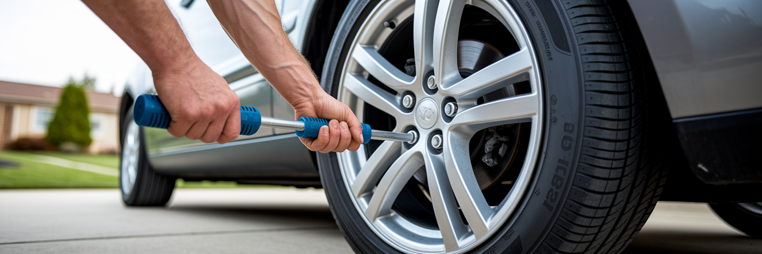 Tightening lug nuts with torque wrench.