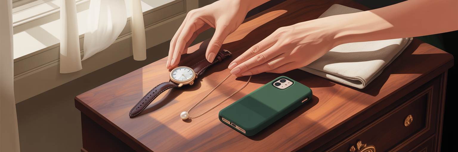 Timeless fashion accessories on a dresser.