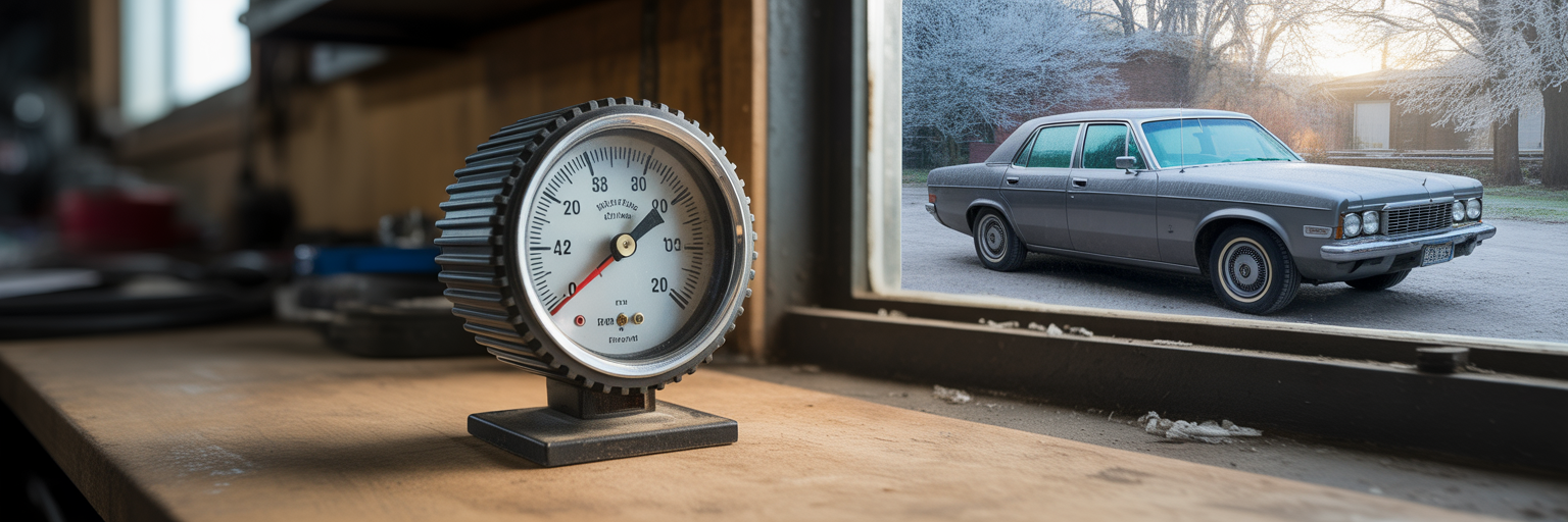 Tire pressure gauge on a workbench on a cold morning.