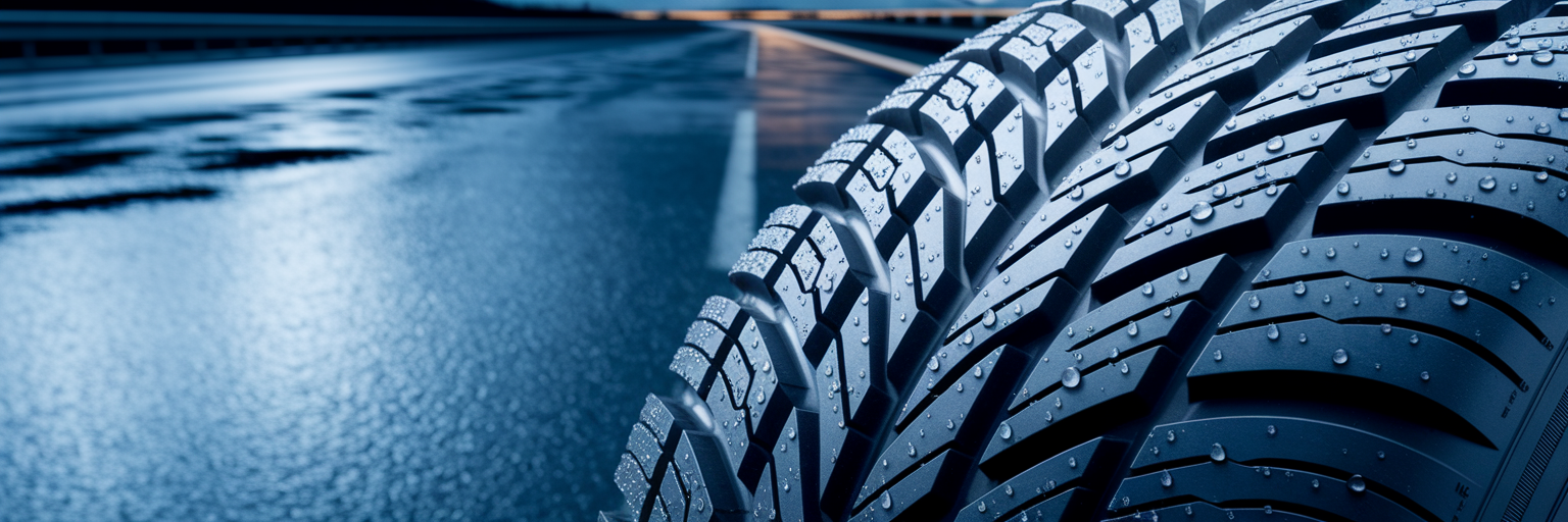 Tire tread with water droplets.