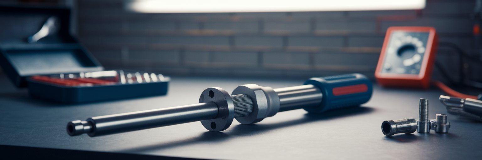 Torque wrench and sockets on garage workbench.