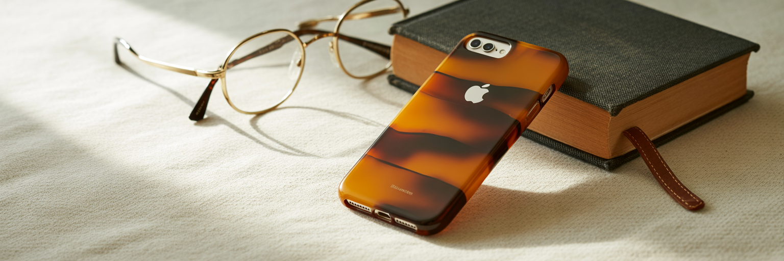 Tortoiseshell rectangle iPhone case beside glasses and book.