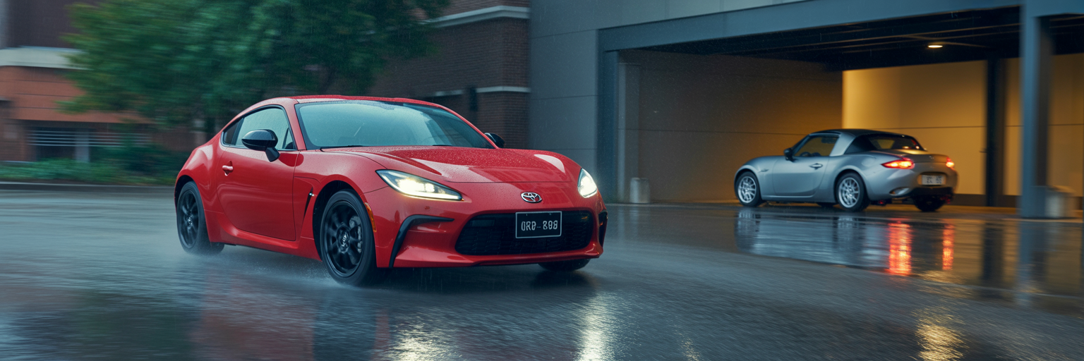 Toyota GR86 driving in rain next to parked Miata
