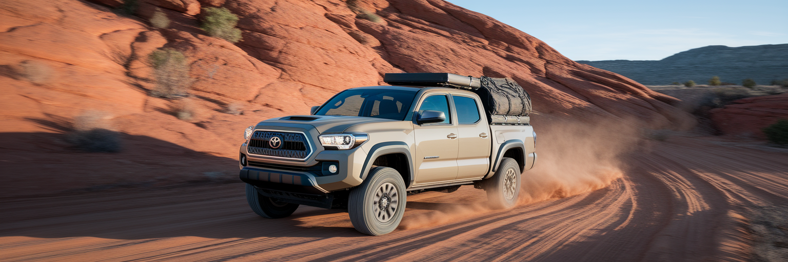Toyota Tacoma truck on desert trail.