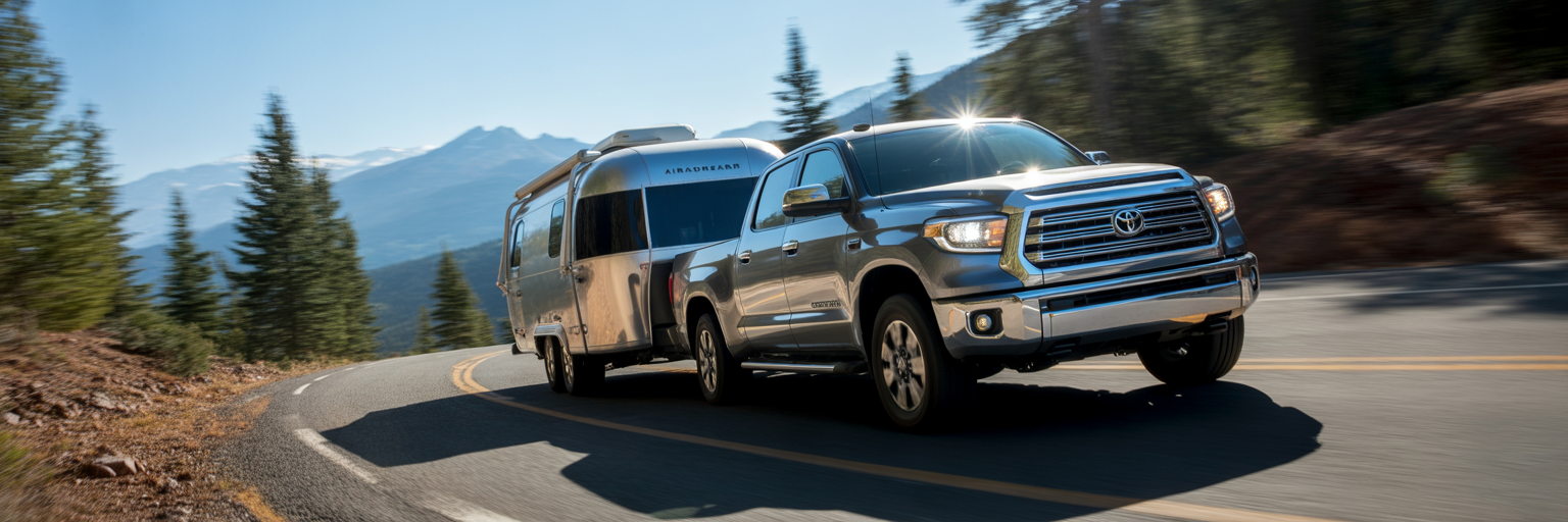 Toyota Tundra towing Airstream on mountain road.