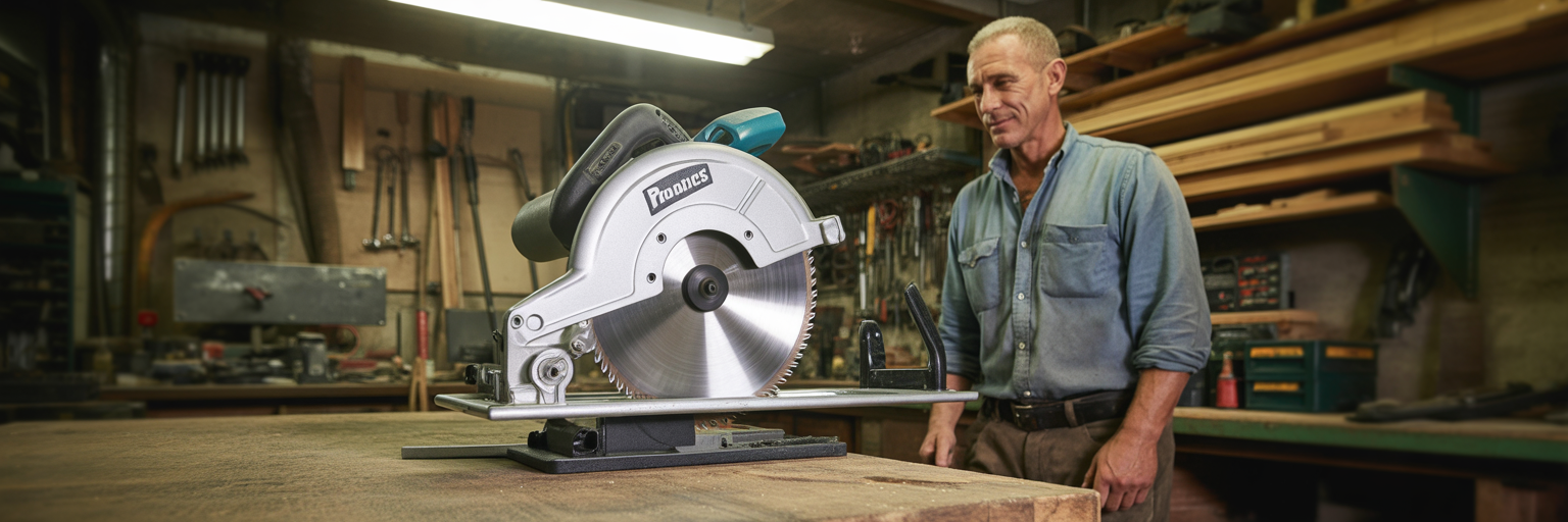 Tradie admiring new equipment in workshop