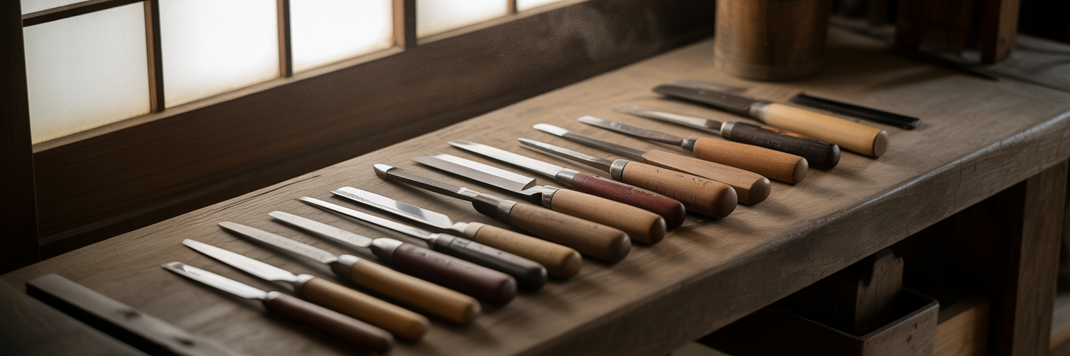 Traditional Japanese woodblock carving tools.