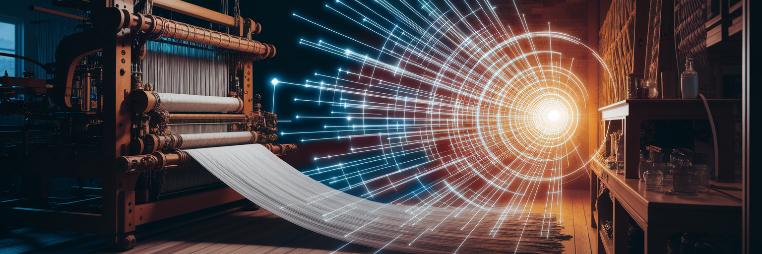 Traditional loom weaving fabric into digital light patterns.