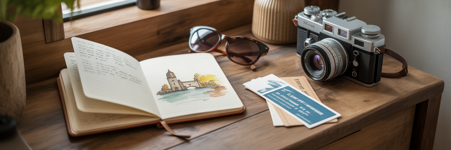 Travel journal and camera on a desk.