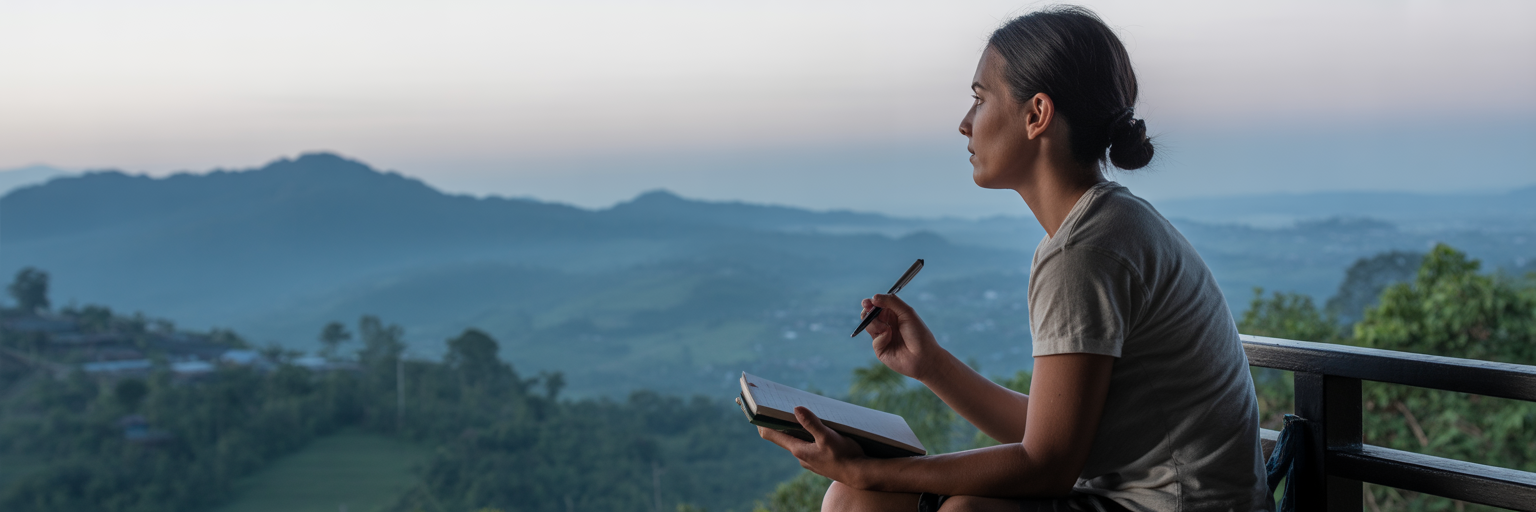 Traveler enjoying quiet time on a balcony.