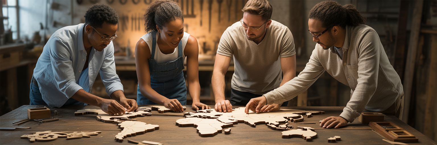 Travelers collaborating on a large wooden world map puzzle.