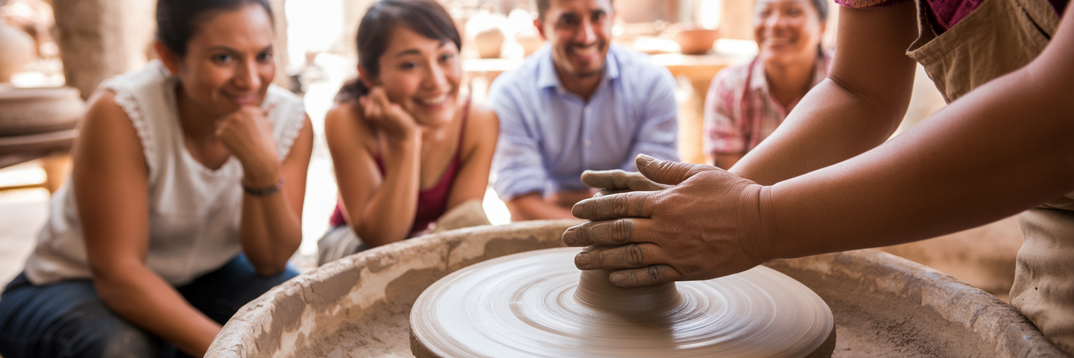 Travelers learning pottery from local artisan.