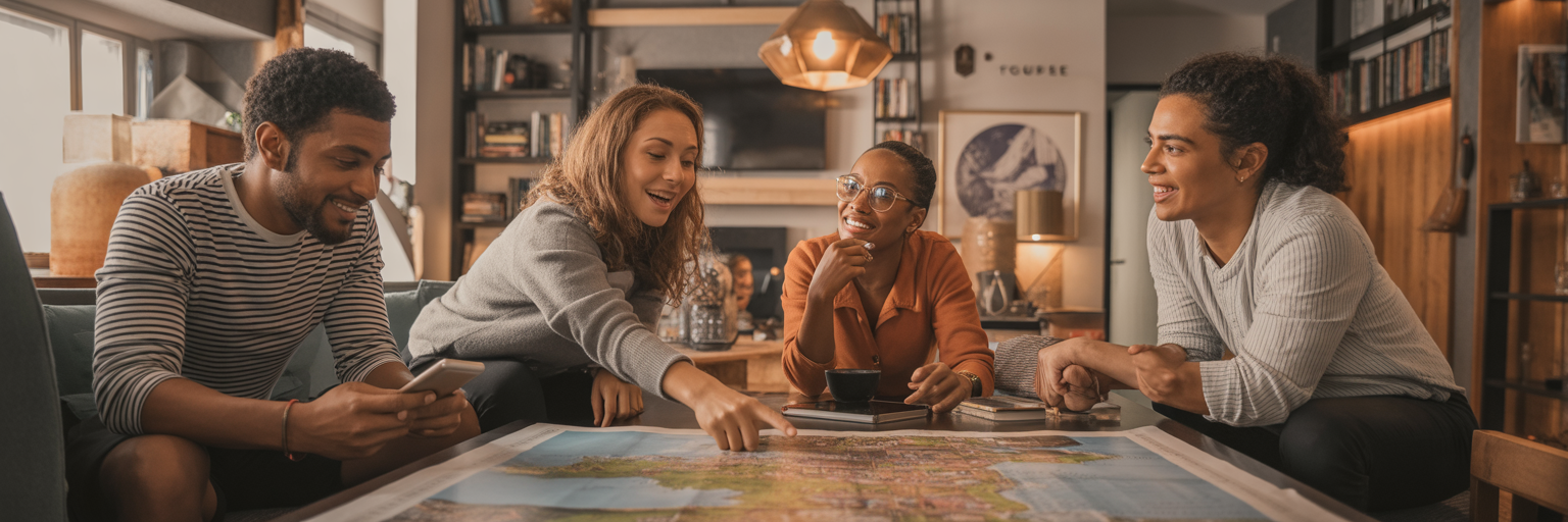 Travelers planning adventures in guesthouse common room.