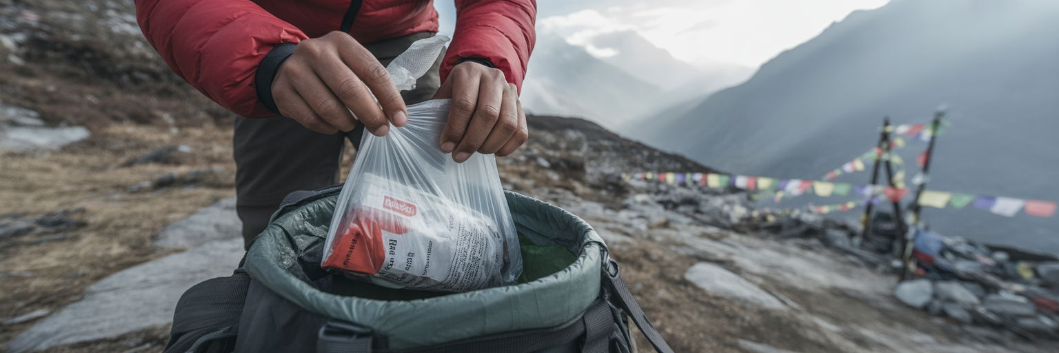 Trekker packing waste responsibly on Himalayan trail.