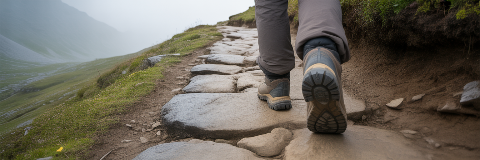 Trekker's boots on a designated Himalayan trail.