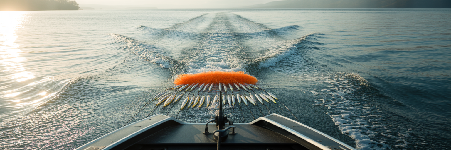 Trolling lure and teaser placement in wake.