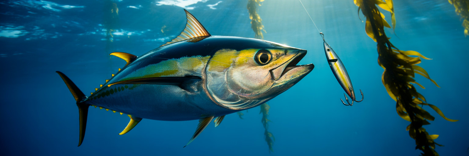 Tuna inspecting an offshore fishing lure.
