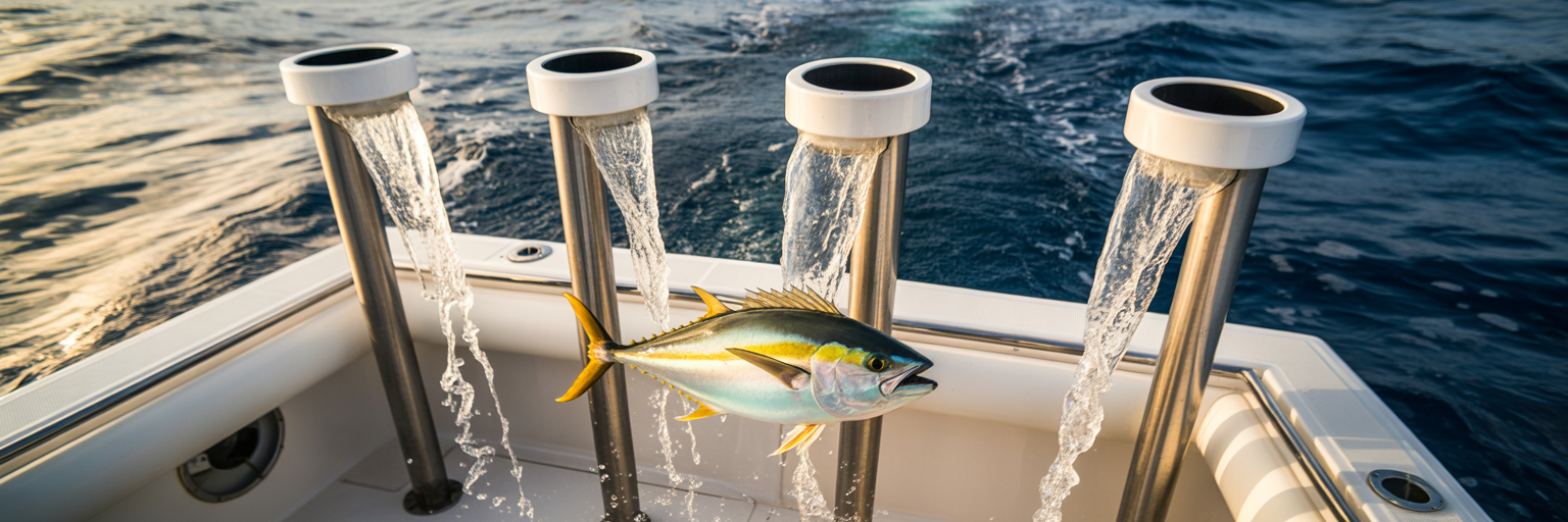 Tuna tubes with goggle-eye on offshore boat.