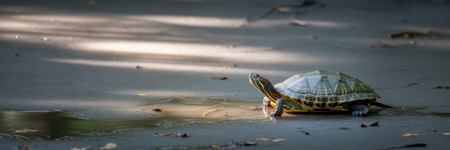 Turtle dormant under ice in a pond