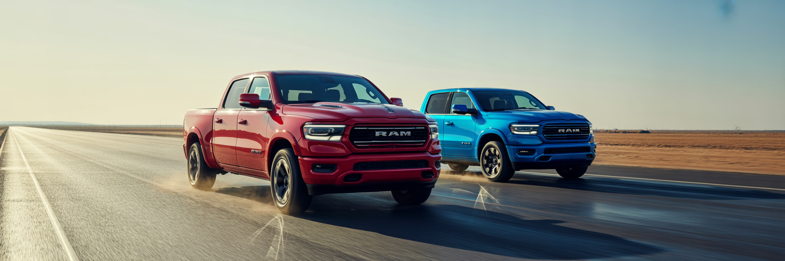 Two 2026 Ram 1500 trucks in a performance test