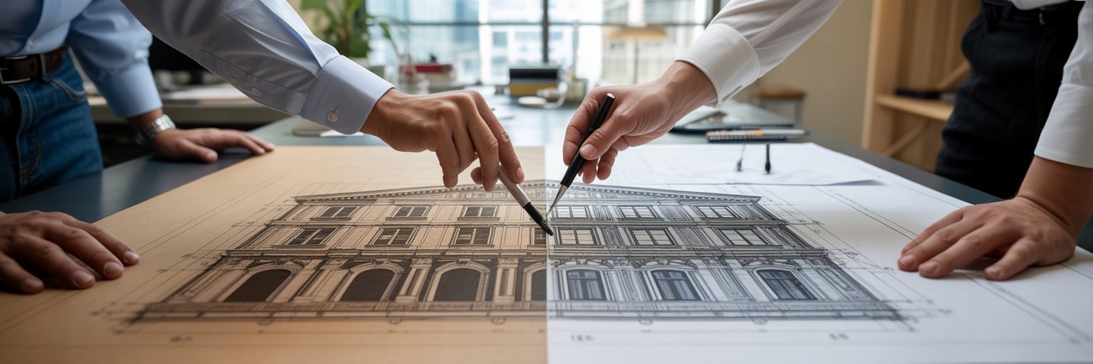 Two architects merging different blueprints.