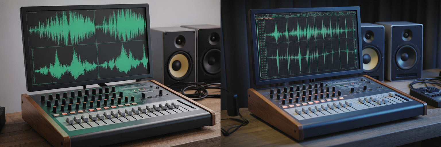 Two audio mixing boards showing different settings.