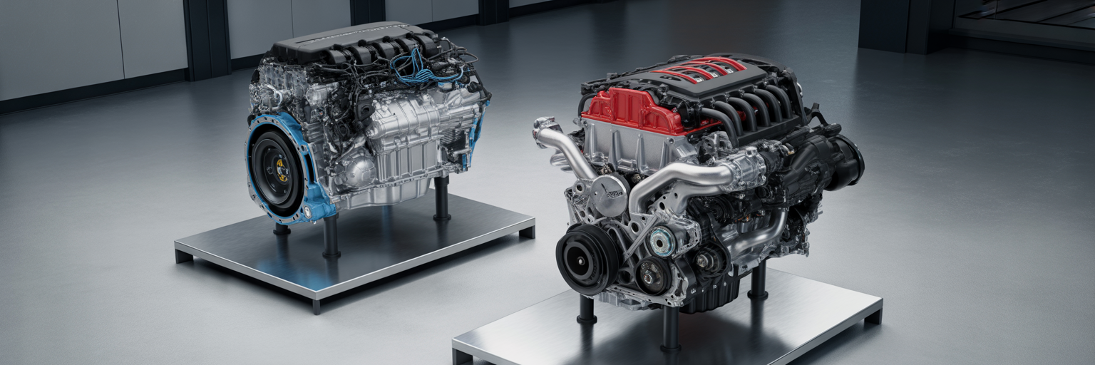 Two car engines representing hybrid and turbo performance.