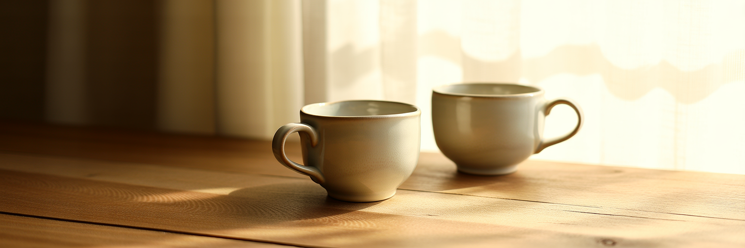 Two ceramic cups on wooden table