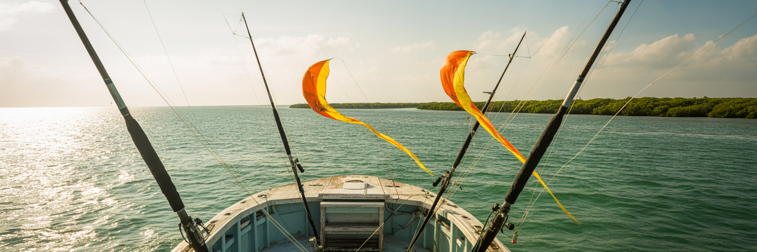 Two fishing kites flying offshore.
