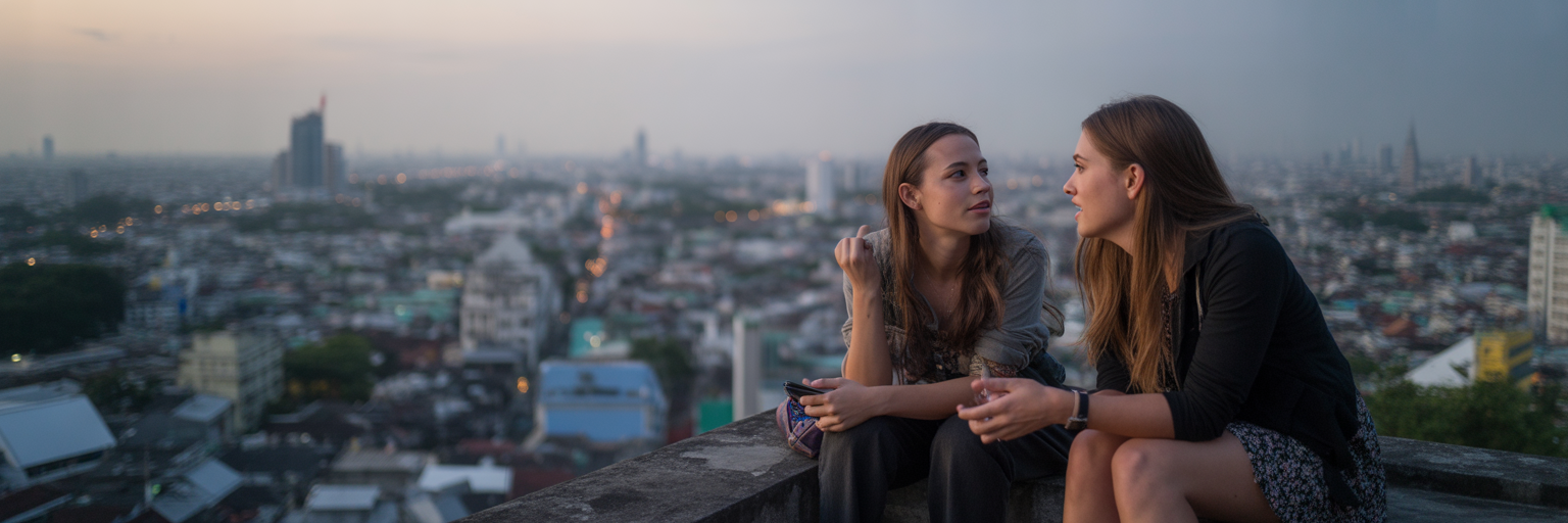 Two friends in deep conversation overlooking a city.