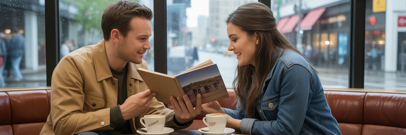 Two friends reminiscing over a travel photo album.