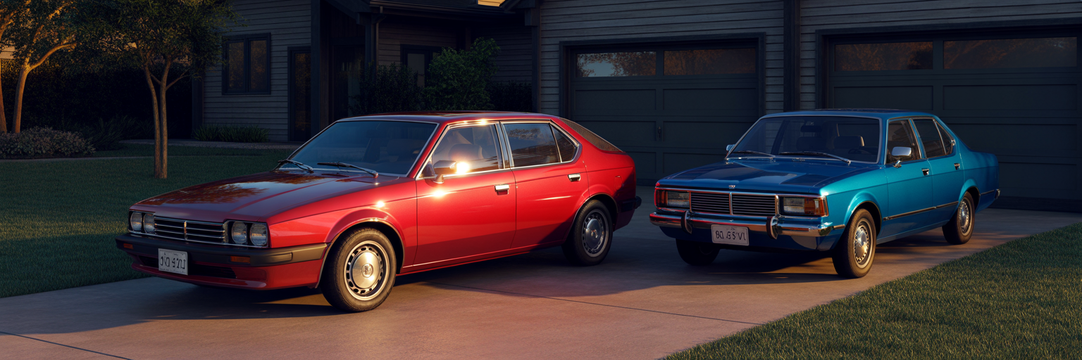 Two hatchbacks parked in suburban driveway