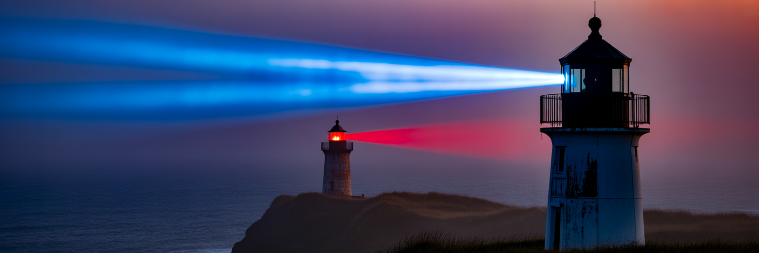 Two lighthouses with different colored beams.