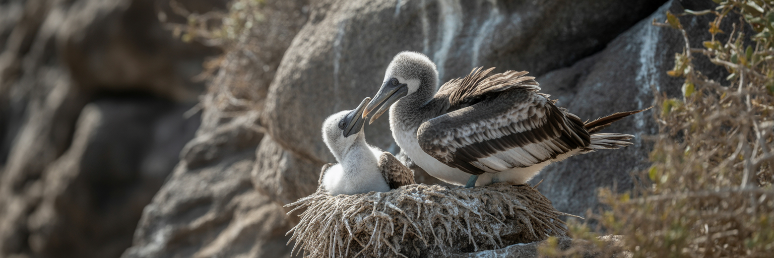 Two Nazca booby chicks fighting in nest