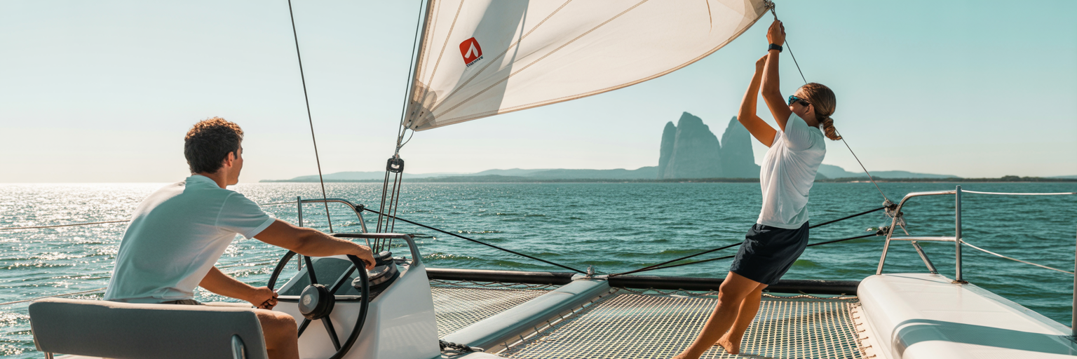 Two people coordinating to sail a catamaran on the ocean.