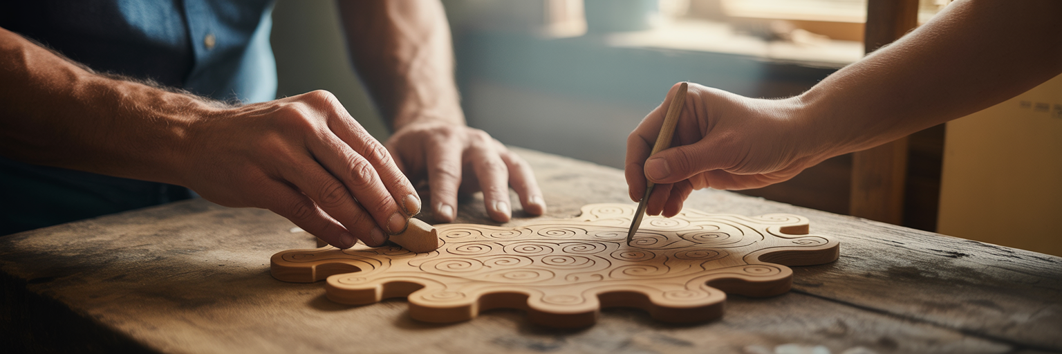 Two people crafting separate puzzle pieces.