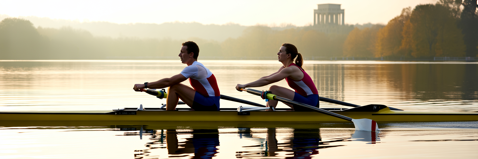 Two rowers in perfect sync on lake.