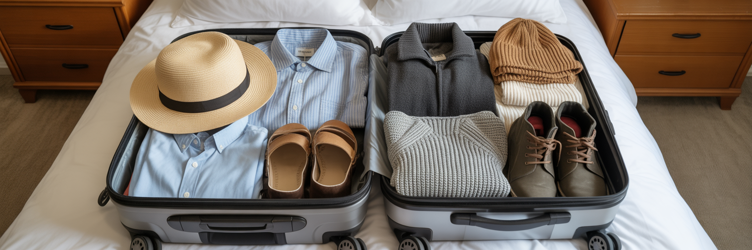 Two suitcases packed for different climates.