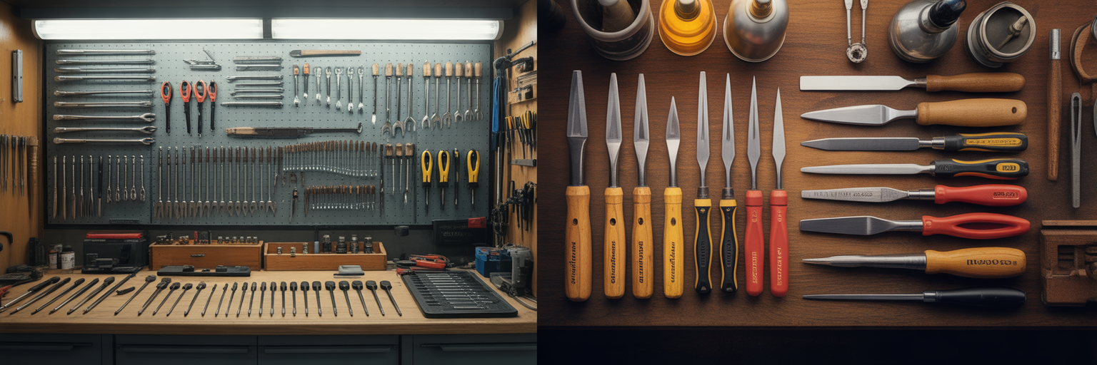 Two workshop benches symbolizing different design philosophies.
