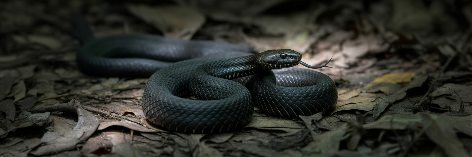 Ultrablack snake camouflaged on forest floor.