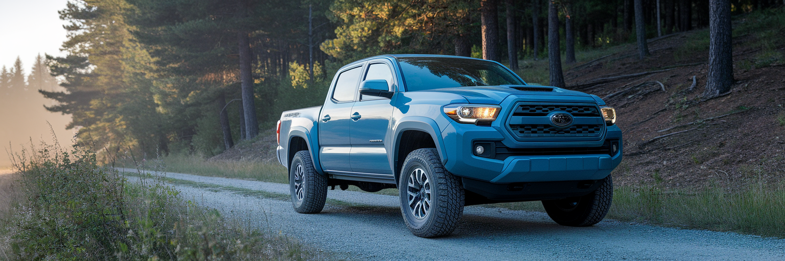 Used mid-size truck parked on forest trail.