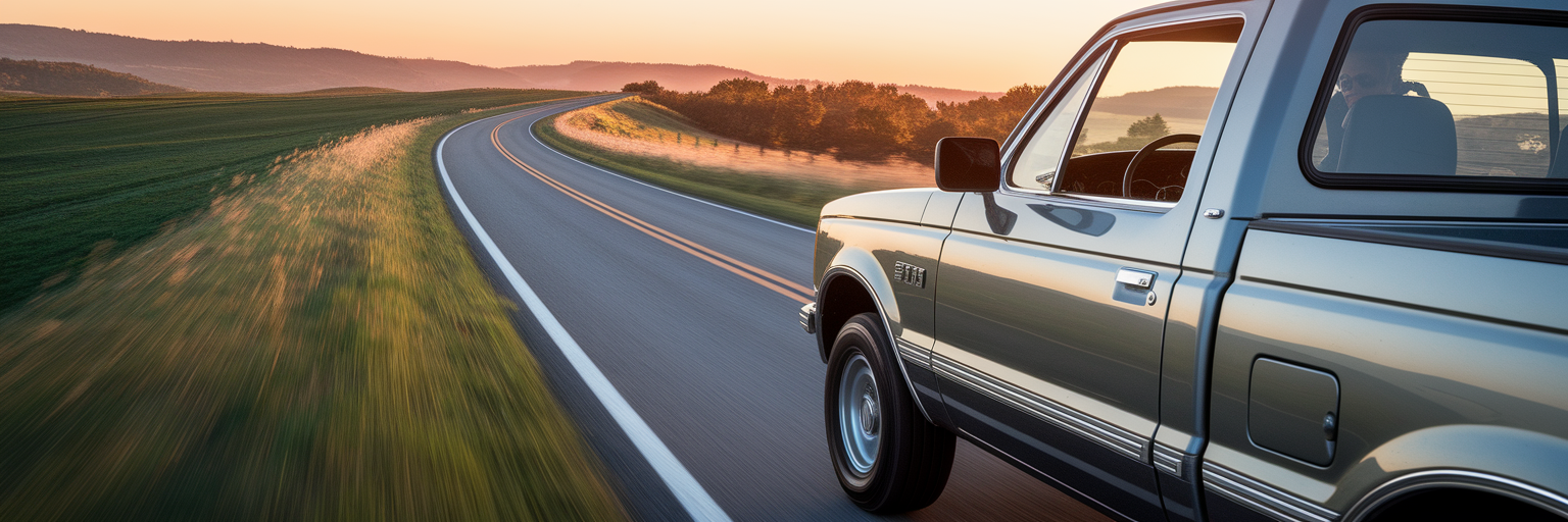 Used truck driving on scenic road.