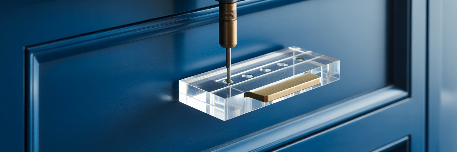 Using a jig for cabinet handle placement.