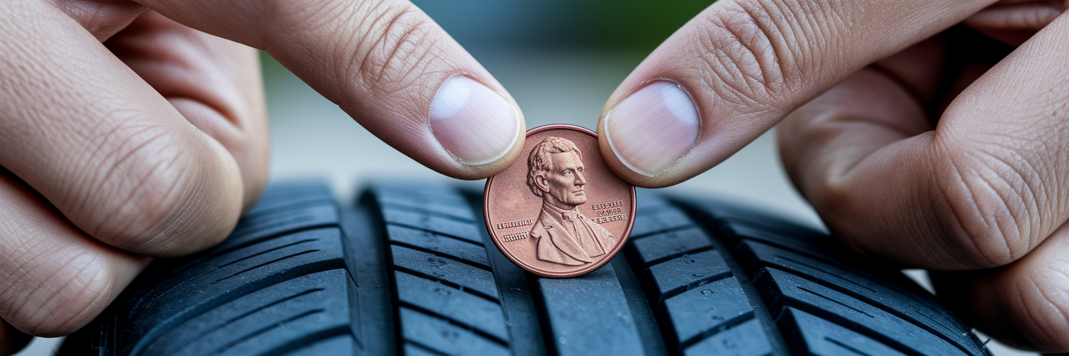 Using a penny to check tire tread depth.