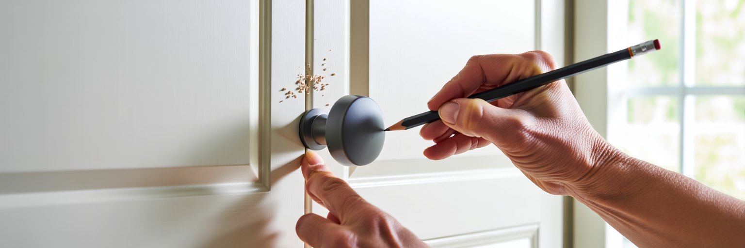 Using a template to install cabinet knobs.