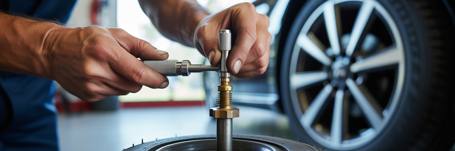 Using a valve core tool on a tire stem.