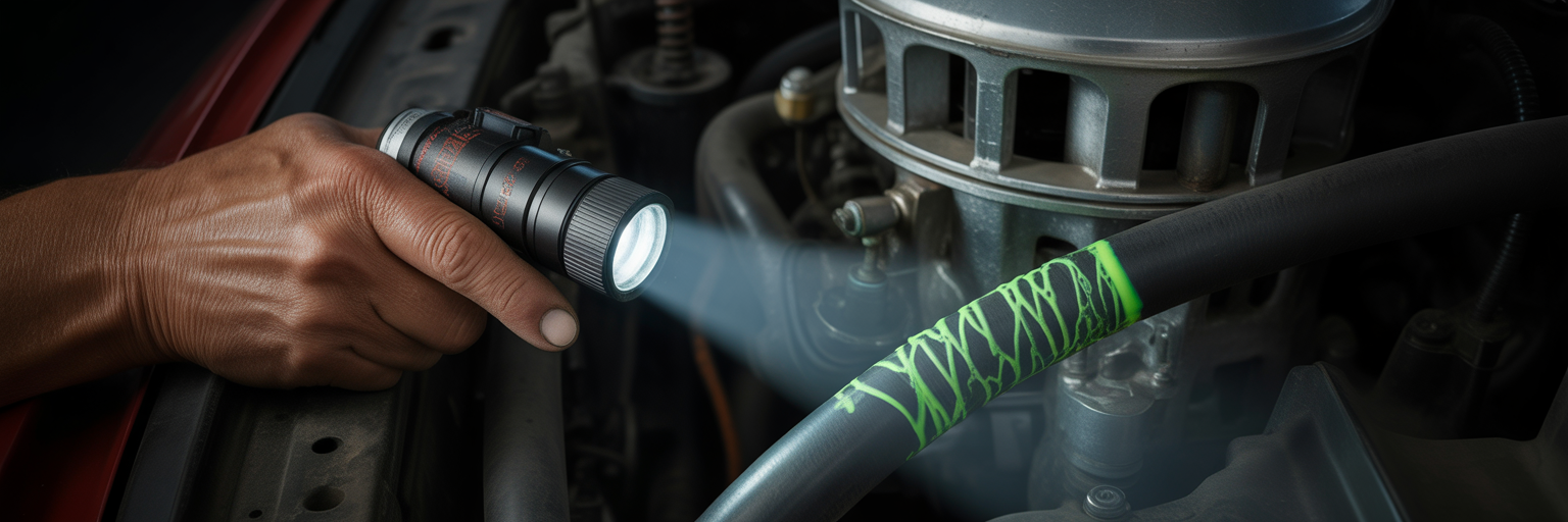 UV light revealing a coolant leak in an engine.