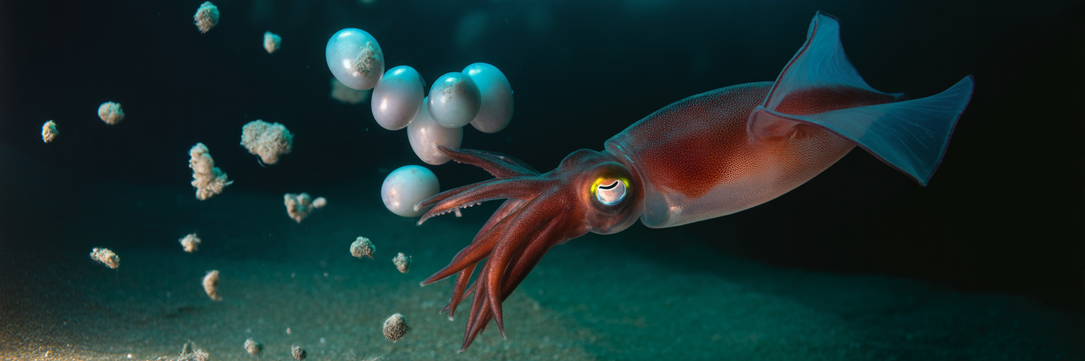 Vampire squid releasing large eggs.