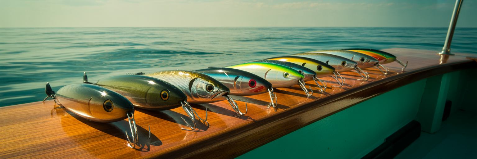 Variety of offshore trolling lures.