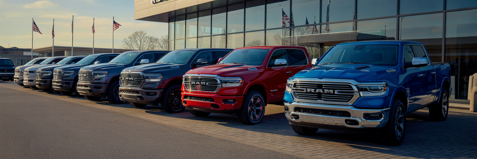 Various 2026 Ram 1500 trucks at a dealership